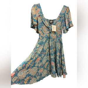Angie Teal Floral Rayon Midi Dress Sz M